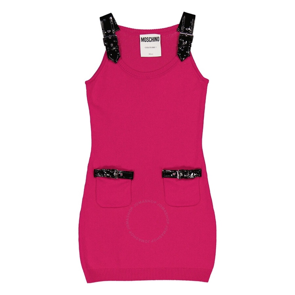 Moschino Couture Cashmere Mini Dress Size IT 40 US 6 Fuchsia Pink Black Patent
